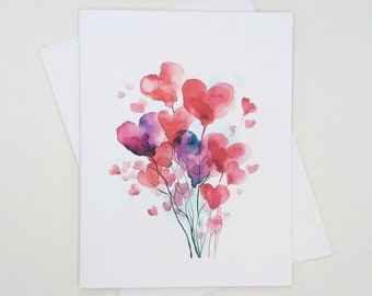 Hearts Valentine’s Cards, 8 blank folded note cards, watercolor heart, pink, red, wedding, valentine, notecards