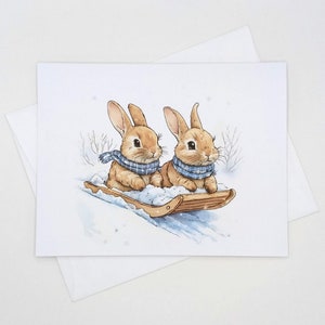 Bunnies Sledding Christmas Cards, 8 blank matching card set, winter holiday notes, whimsical cute Christmas rabbits, snow sled