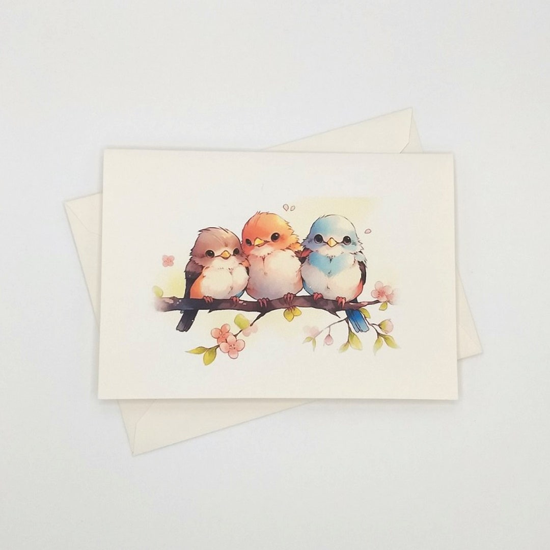 Cute Birds Note Cards, 8 Blank Folded Note Cards, Watercolor Bird
