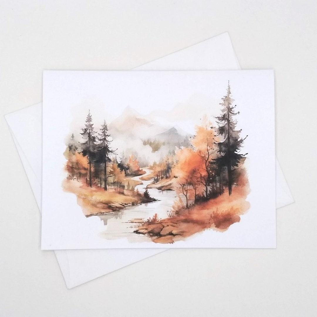 Autumn Mountain Landscape Card Set, 8 Blank Folded Note Cards ...