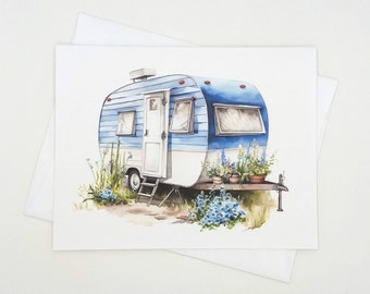 Camper Card Set, 8 blank folded note cards, vacation,  camping, blue trailer, outdoor living