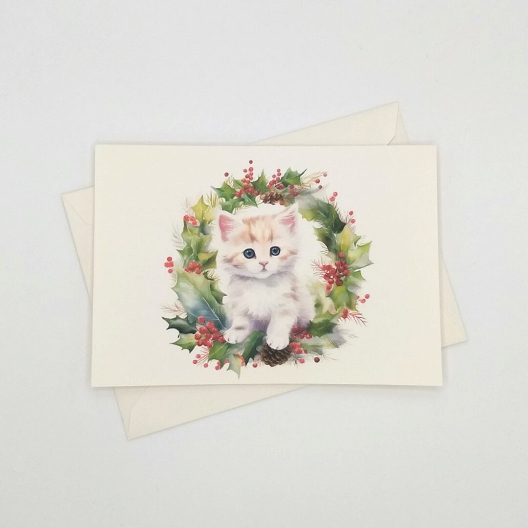 Kitten Christmas Cards 8 Blank Folded Note Cards Cute Cat Etsy