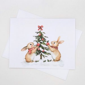 Bunnies Decorating Christmas Tree Cards, set of 8 Whimsical Holiday Note Cards