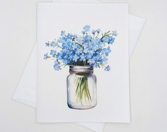 Forget Me Not Bouquet Note Cards, 8 matching cards, mason jar flowers, all occasion