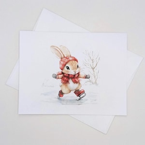 Bunny Skating Christmas Cards, 8 matching blank inside note card set for fun Christmas greetings and gift exchanges, whimsical rabbit card