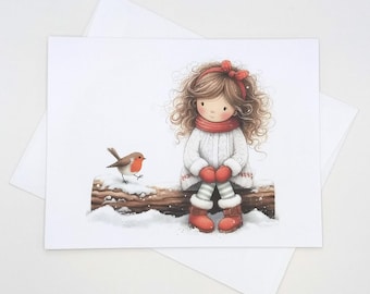 Sweet Girl and Robin Christmas Cards, 8 matching note cards, whimsical winter holiday notes
