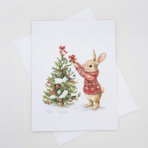 Bunny Christmas Cards, 8 matching winter holiday notes, rabbit decorating tree
