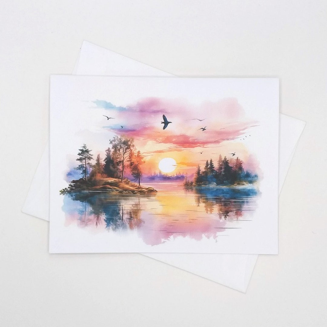 Lake Sunset Landscape Card Set, 8 Blank Folded Note Cards, Watercolor ...