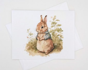 Peter Rabbit Style Bunny note cards, set of 8 blank folded cards, watercolor rabbits, garden animals