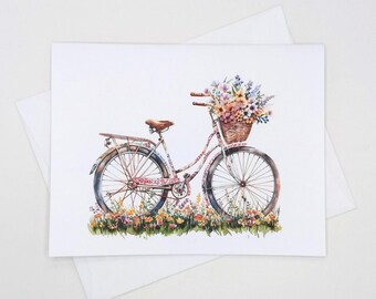 Bicycle Flowers Card Set, 8 blank folded note cards, watercolor, notecards, bike