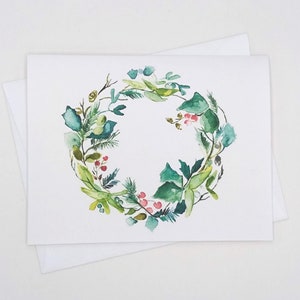 Christmas Wreath Card Set, 8 matching holiday note cards, evergreen wreath