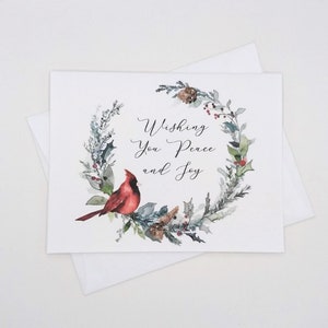 Cardinal Wreath Christmas Cards, set of 8 Holiday Greetings Note Cards, blank insde