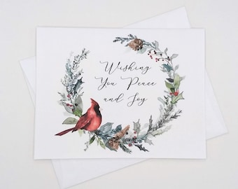 Cardinal Wreath Christmas Cards, set of 8 Holiday Greetings Note Cards, blank insde