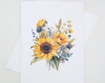 Sunflower Note Card Set, 8 matching flower bouquet notes, blank inside, Ukraine