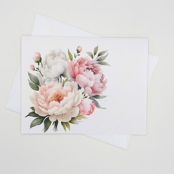 Peony Cards, note card set, 8 blank folded cards, watercolor flowers, garden flowers, pink peonies, notecards