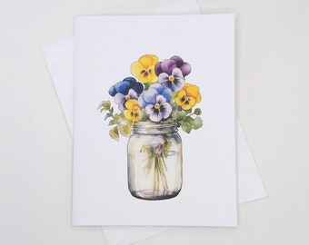 Pansies Note Cards Set, 8 blank folded cards, botanical watercolor flowers, notecards, wildflowers, mother’s day, mason jar, pansy