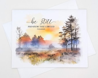 Be Still Scripture Note Card Set, 8 matching A2 size cards, Psalm 46:10 Bible verse, sunrise landscape