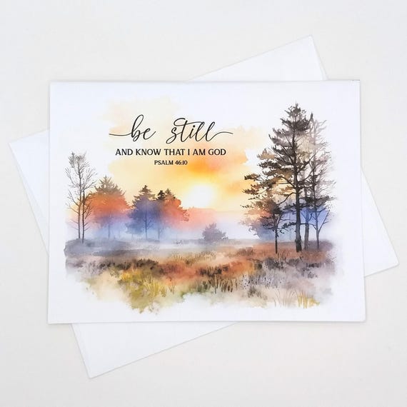 Be Still Scripture Note Card Set, 8 matching A2 size cards, Psalm 46:10 Bible verse, sunrise landscape
