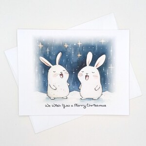 Singing Bunnies Christmas Card Set, 8 blank matching note cards, Merry Christmas