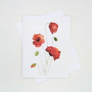 Red Poppies Note Cards Set, 8 matching cards with envelopes, watercolor style poppy flowers