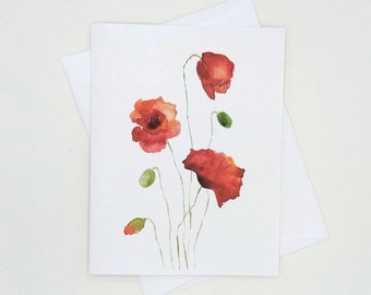 Red Poppies Note Cards Set, 8 matching cards with envelopes, watercolor style poppy flowers