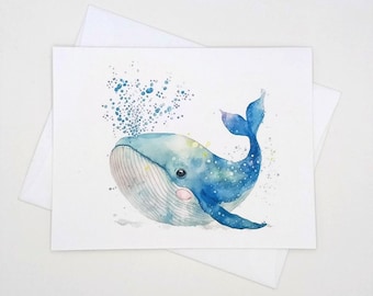 Whale Card Set, watercolor whale, birthday, baby, child, ocean, notecards