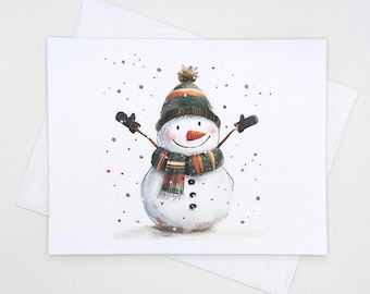 Happy Snowman Christmas Cards, 8 blank inside matching note card set, whimsical holiday greetings