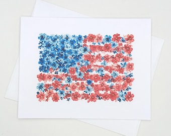 Floral US Flag Note Card Set, 8 matching cards, Independence Day, Patriotic Holidays