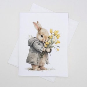 Bunny With Flowers note cards, set of 8 blank folded cards, watercolor rabbits, garden animals, notecards, bunnies, Easter image 1