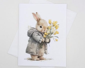 Bunny With Flowers note cards, set of 8 blank folded cards, watercolor rabbits, garden animals, notecards, bunnies, Easter