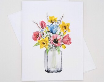 Tulips and Daffodils Bouquet Note Card Set, 8 matching cards, spring flowers in mason jar, Mother’s Day, Easter