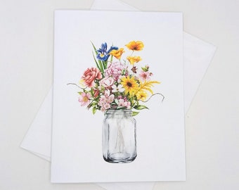 Wildflowers in Jar Card Set, 8 blank folded note cards, watercolor florals, summer flowers, mason jar vase, notecards