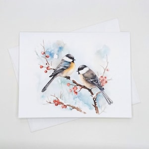 Chickadees on Branch Christmas Cards, 8 matching holiday bird note cards, blank inside