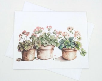 Pink Geraniums Card, Set of 8 blank folded cards, watercolor flowers, notecards, potted flowers