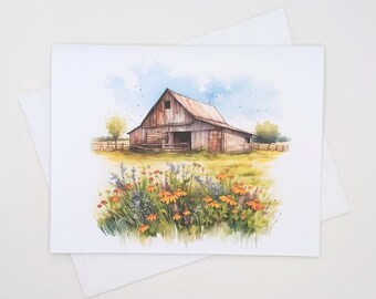 Country Barn Card Set, 8 blank folded note cards, watercolor, farm, countryside, notecards, landscape, wildflowers