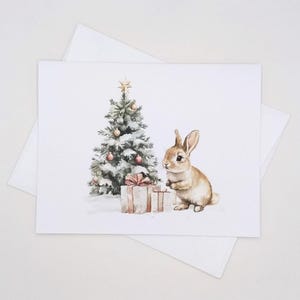 Christmas Bunny Cards, Set of 8, winter holidays, whimsical rabbit with Christmas tree