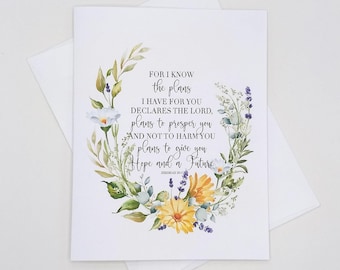 Jeremiah 29:11 Flower Wreath Scripture Note Card Set, 8 blank inside A2 size cards with envelopes, religious Christian Bible verse cards