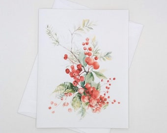 Christmas Card set, winter berries, holiday cards, 8 blank folded note cards, watercolor botanical, holly, mistletoe, evergreen