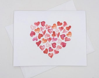 Hearts Valentine’s Cards, 8 blank folded note cards, watercolor heart, pink, red, wedding, valentine, notecards