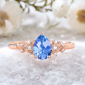 ネイチャーインスパイア スターサファイア 花火カット エンゲージリング 14Kゴールド フローラルクラスター サファイア 結婚指輪 ハンドメイド ブライダルギフト アニバーサリーリング