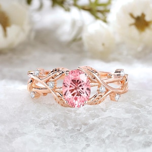 Vintage Firework Cut Pink Sapphire Engagement Ring 14k Rose Gold Branch Leaf Wedding Ring Star Sapphire Promise Ring Custom Anniversary Gift