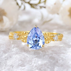 ヴィンテージ ペア コーンフラワー サファイア エンゲージリング 14K ソリッド ゴールド リーフ 結婚指輪 9 月誕生石リング 上品なプロポーズリング 女性用