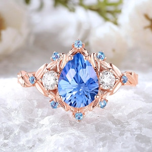 Nature Inspired Cornflower Sapphire Floral Engagement Ring Firework Cut Pear Sapphire Wedding Ring Rose Gold Cluster Promise Rings for Women