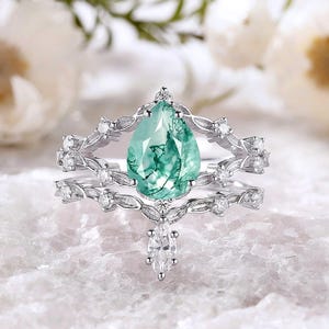 Peer groene agaat verlovingsring set platina diamant blad bijpassende trouwring natuur geïnspireerde mos agaat bloem belofte ring bruids set