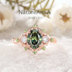 Oval cut Green Moissanite Wedding Ring Natural Tsavorite Leaf Engagement Ring Vintage Green Moissanite Bridal Promise Ring best gift for her