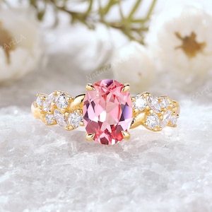 Dainty Oval Cut Pink Sapphire Leaf Engagement Ring Nature inspired 14k Moissanite Branch Promise Ring Bridal Anniversary Ring Gift for her