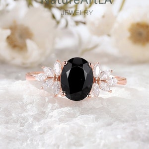 Oval Cut Black Onyx Engagement Ring Unique Marquise Moissanite Cluster Wedding Ring Rose Gold Bridal Promise Ring Anniversary Gift for Her