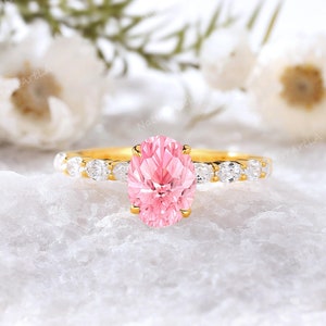Oval Firework Cut Pink Sapphire Engagement Ring 14k Yellow Gold Moissanite Wedding Ring Personalized Bridal Ring Dainty Cluster Promise Ring