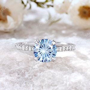 Natural Round Aquamarine Engagement Ring 925 Silver Moissanite Bridal Promise Ring Delicate Star Aquamarine Wedding Ring Gift for Girlfriend