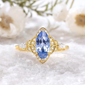 Rose Gold Marquise Cut Cornflower Sapphire Leaf Engagement Ring Antique Moissanite Cluster Flower Wedding Ring Personalization Bridal Ring